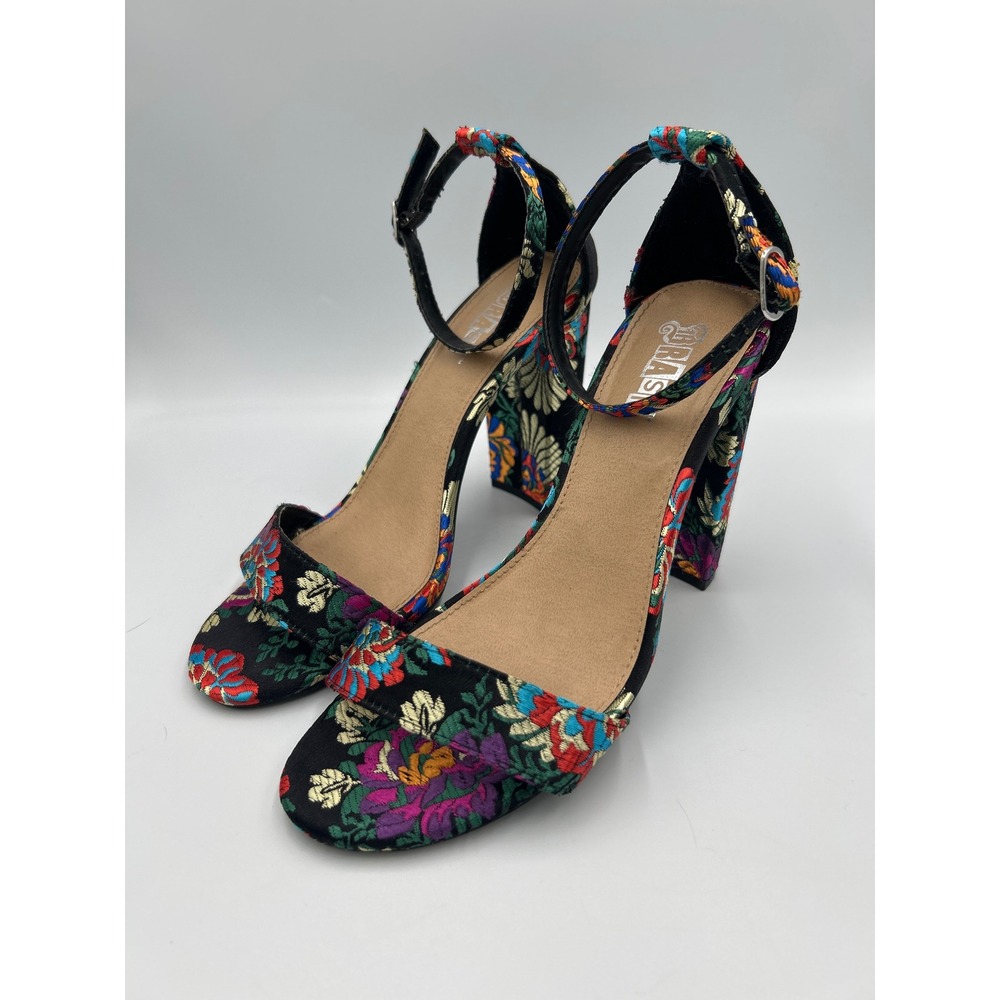 Brash Womens Floral Tapestry Block Heels Ankle Strap Sandals Multicolor Size 7